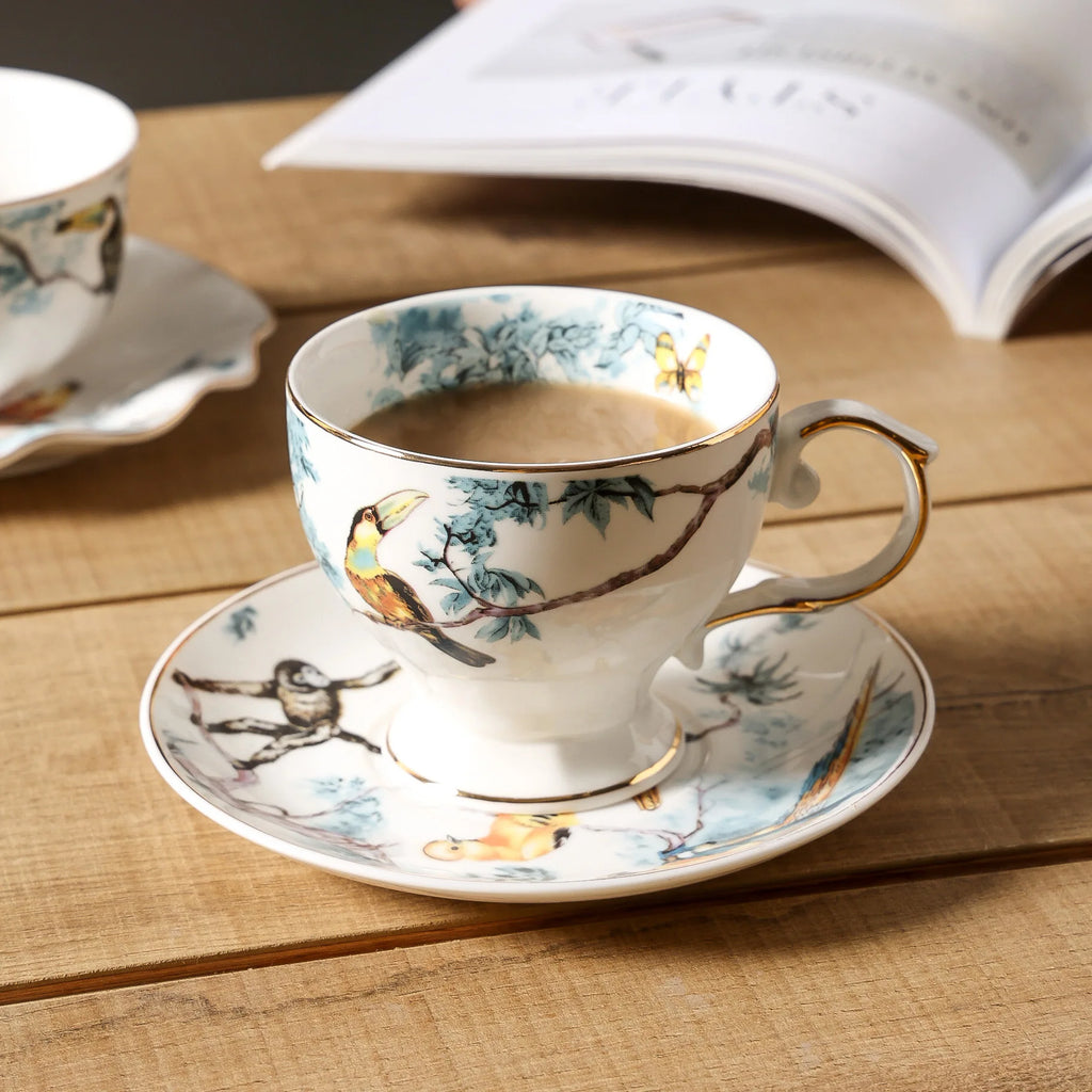 Flower and bird coffee cups and saucers, hand-painted ceramic mugs, household afternoon tea cups
