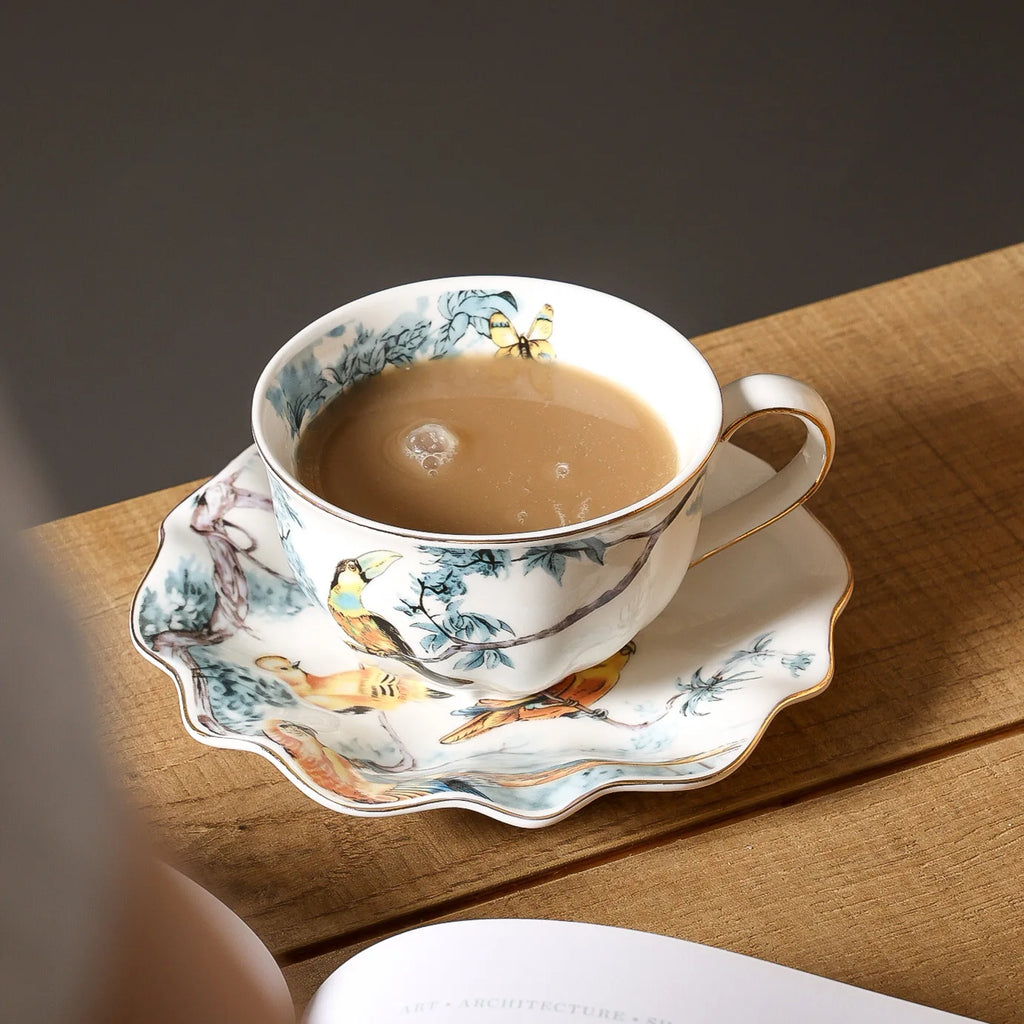 Flower and bird coffee cups and saucers, hand-painted ceramic mugs, household afternoon tea cups